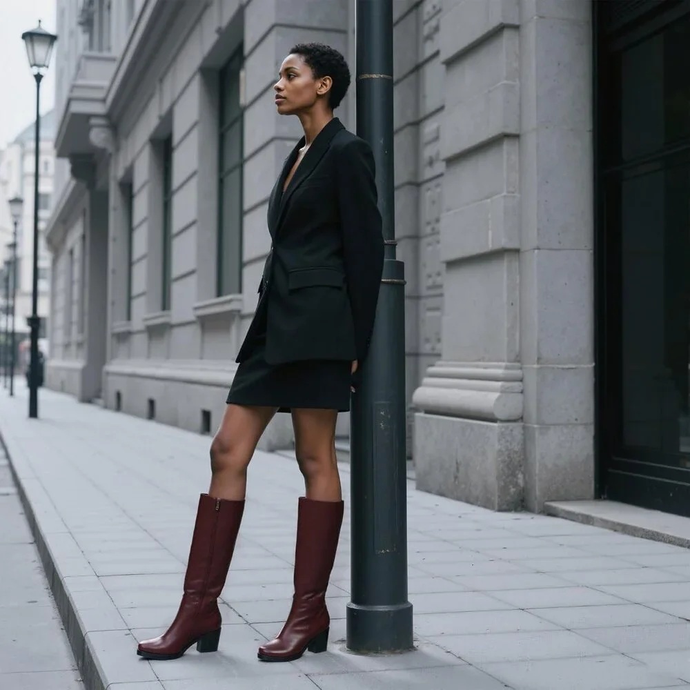 Women's Burgundy Chunky Heel Round Zipper Winter Tall Dress Knee High Boots